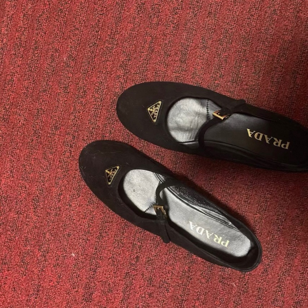 Prada Black Suede Mary Jane Flats with Gold Logo